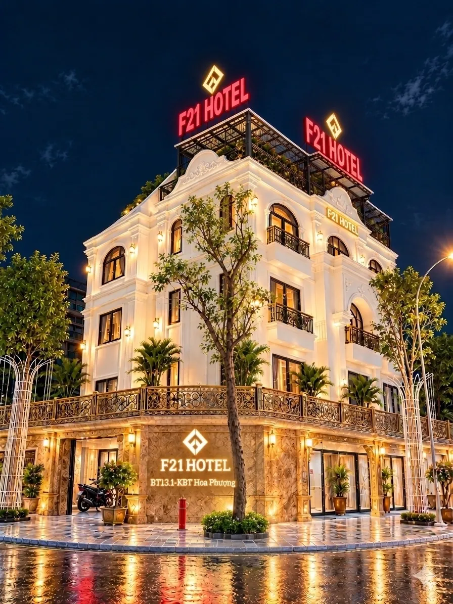 Toà nhà F21 Hotel kiến trúc tân cổ điển lên đèn buổi tối