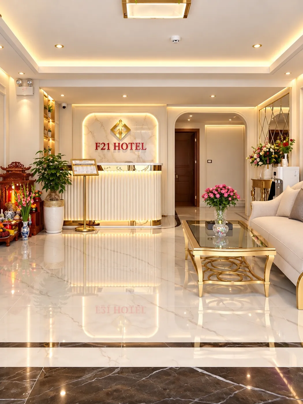 Sảnh lễ tân F21 Hotel lát đá cẩm thạch